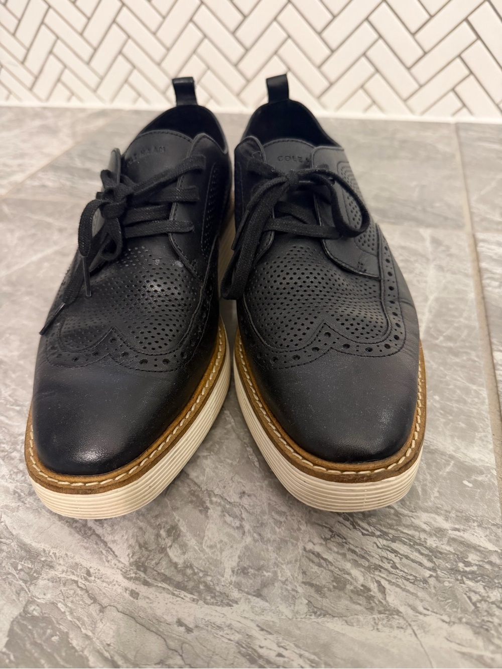 Cole Haan Women’s Perforated Wingtip Derby Sneakers with White Platform